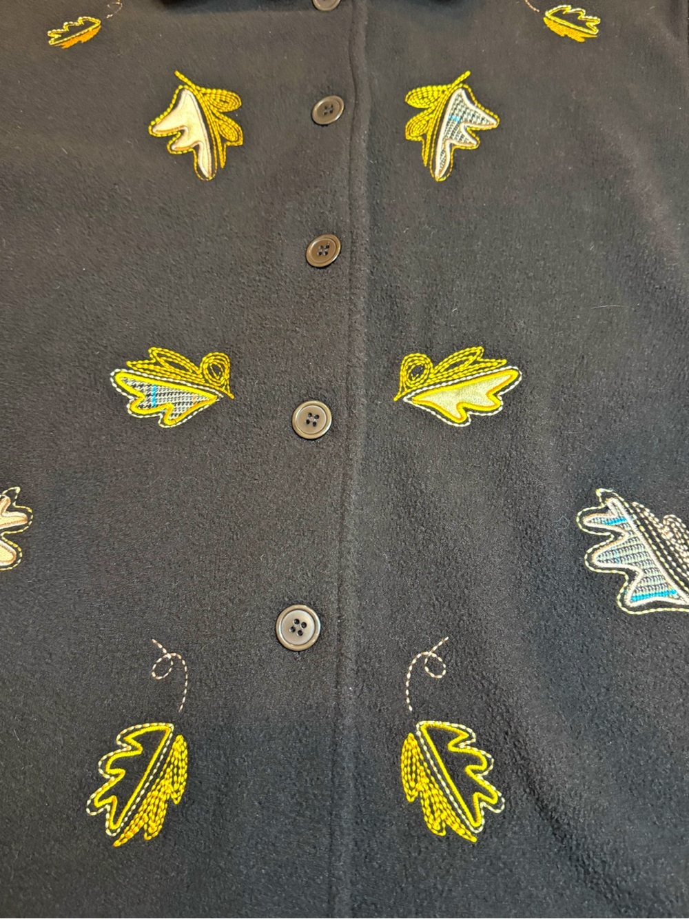 Leslie Fay Dark Brown Pea Coat with Yellow & Cream Leaf Appliqués - Picture 3 of 10